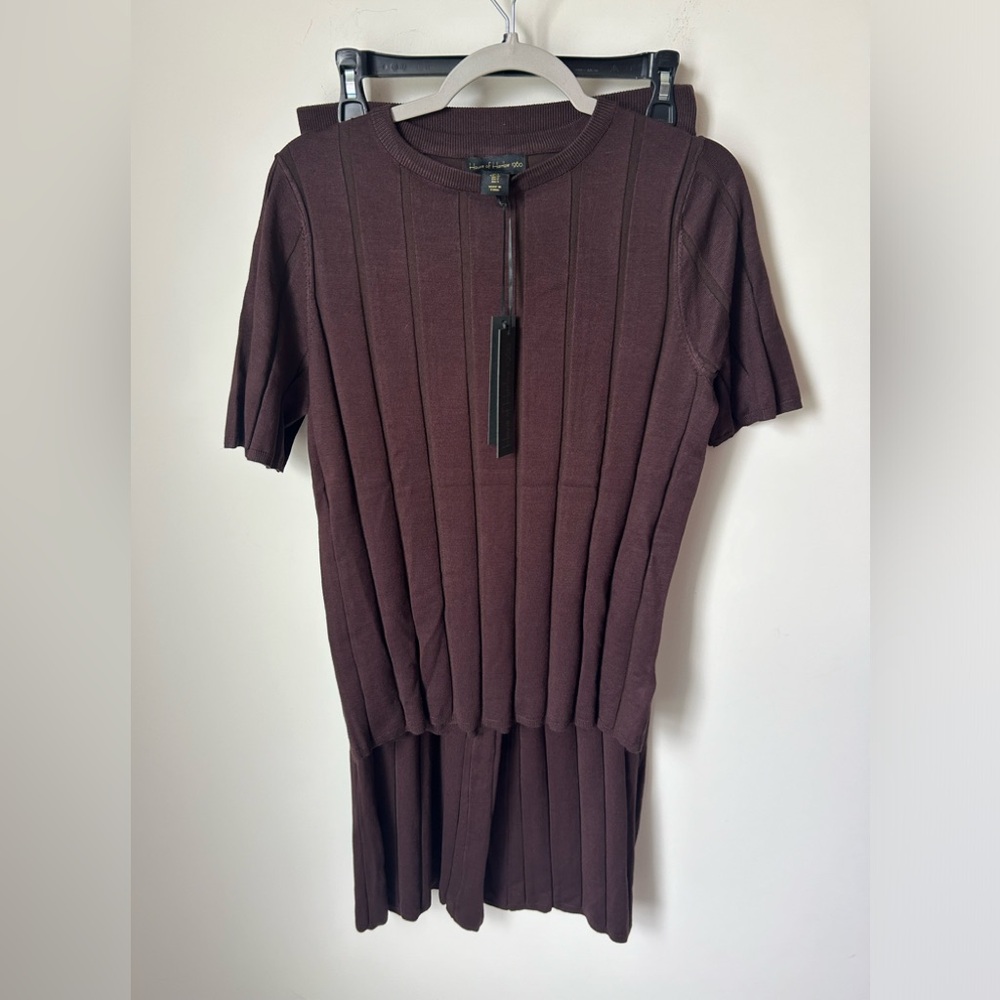 Brown ribbed Short Sleeve and Wide Leg Pant Set